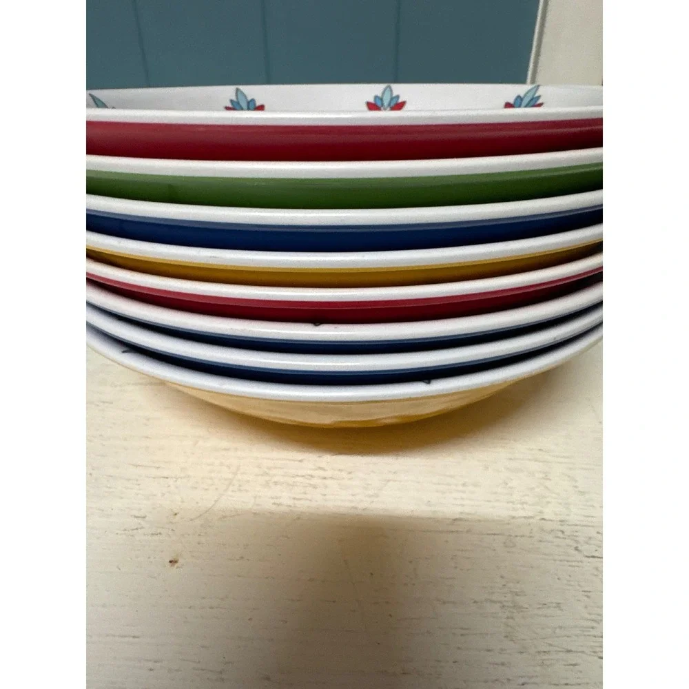 Set of 4 Melamine Bowls Blue Multi Color Geometric Floral Pattern Outdoor Dining